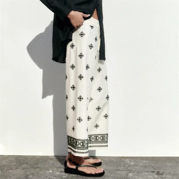 Commense Patterned Cropped Pants Bohemian Style Wide Leg Trousers size S - Picture 4 of 10